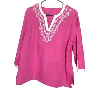 Pink w White Trim, 3/4 Sleeves, Embroidered, Linen/Cotton Tunic